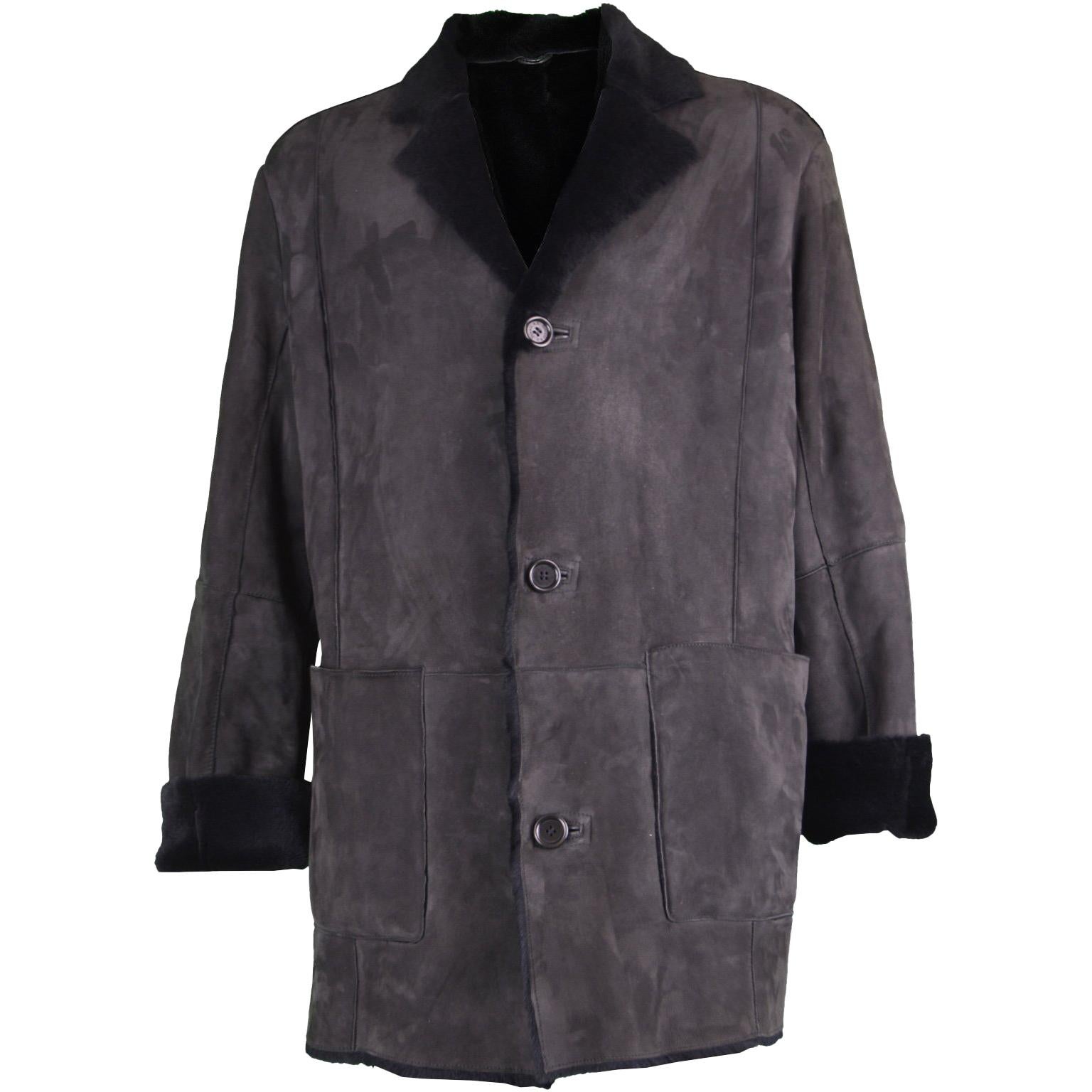 Pancaldi Men's Black Sheepskin Ovine Suede Fur Vintage Coat, 1990s For Sale