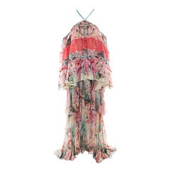 Roberto Cavalli Floral Printed Tiered Silk Lace Trim Off Shoulder Maxi Dress L