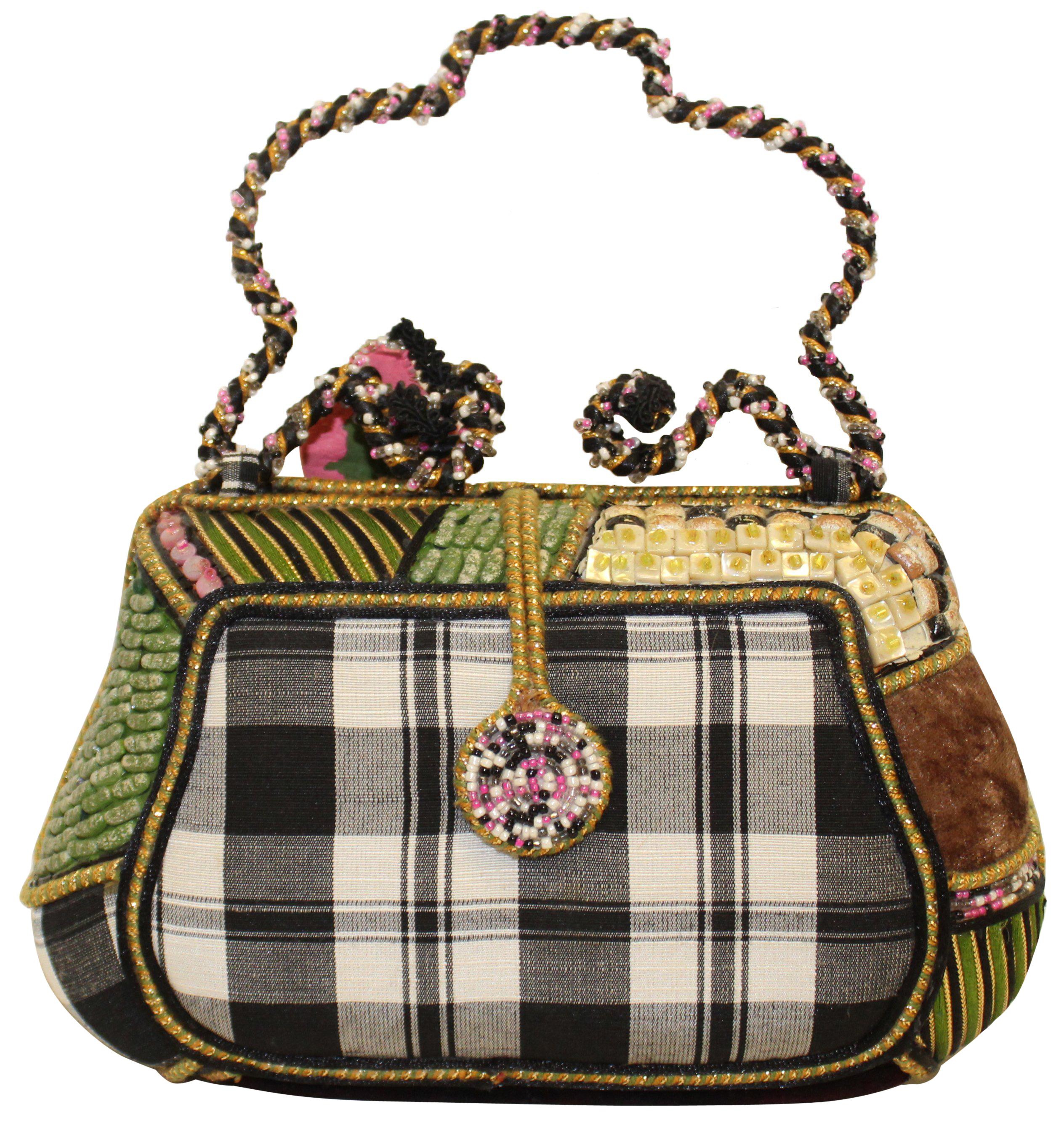 Mary Frances Plaid Floral Beaded Two Top Handles Handbag