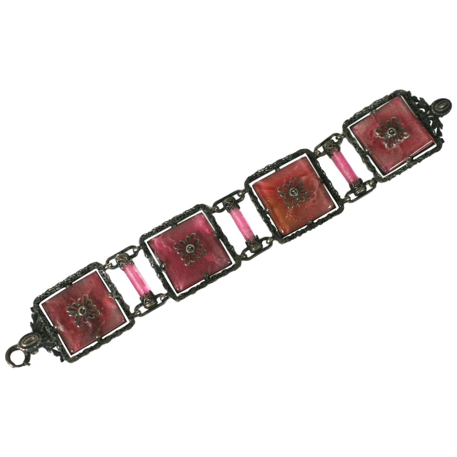   French Art Deco Rose Quartz Pate de Verre Link Bracelet For Sale