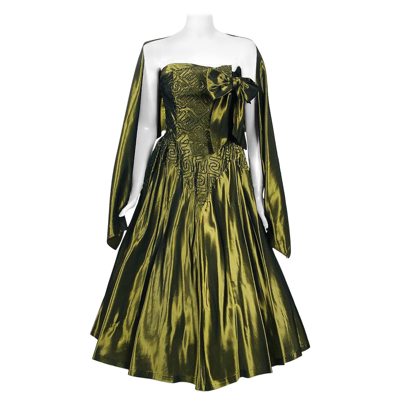 1950's Iridescent Olive-Green Embroidered Taffeta Strapless Bow Dress & Shawl 