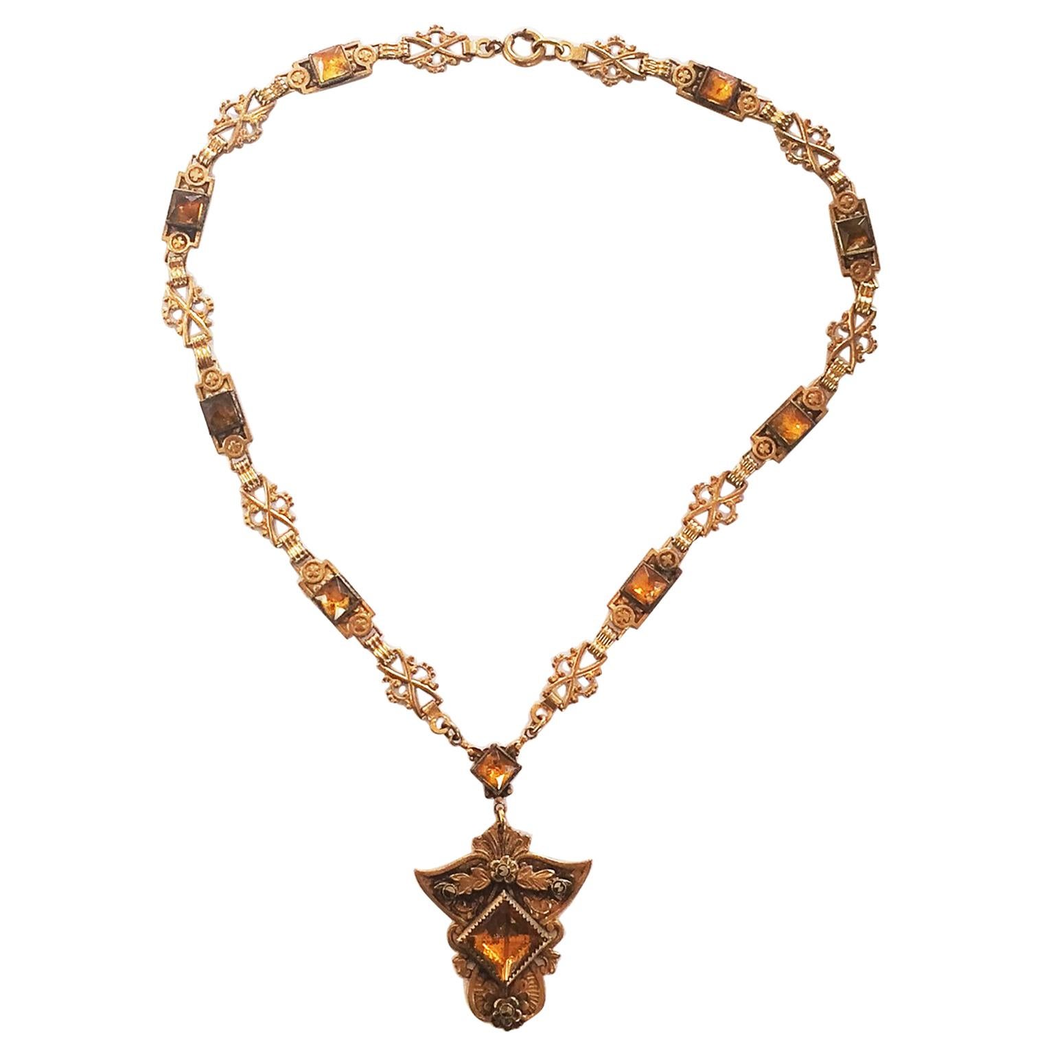 Art Deco Amber Vauxhall Glass Necklace For Sale