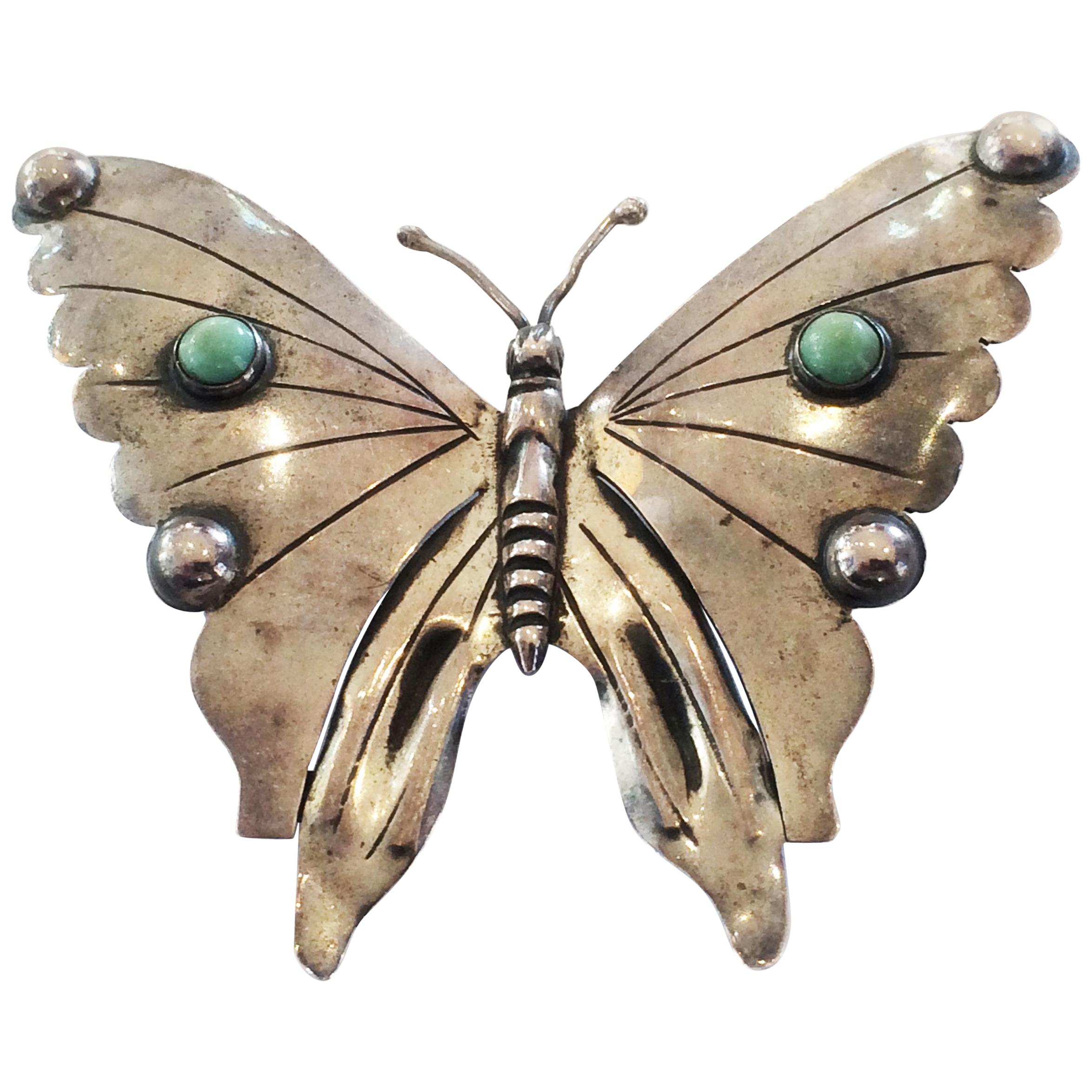 Art Deco Mexican Silver Butterfly brooch pin with Turquoise For Sale