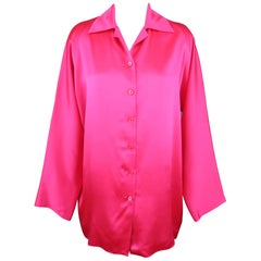 SHAMASK Size S Fuchsia Pink Silk Oversized Collared Blouse