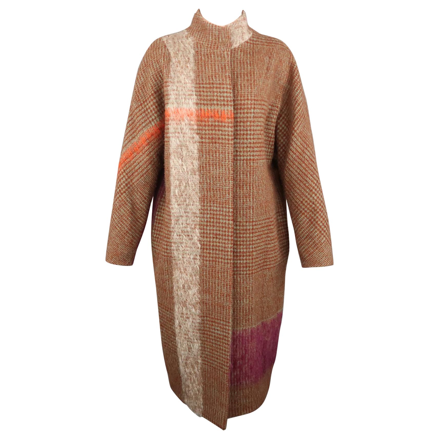 DRIES VAN NOTEN Size S Rust Houndstooth Color Block Wool / Mohair Coat