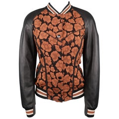 COACH Size 4 Brown & Black Jacquard Leather Sleeve Varsity Bomber Jacket