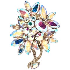 Retro 50'S Silver & Swarovski Crystal Abstract Flower Brooch By, Weiss