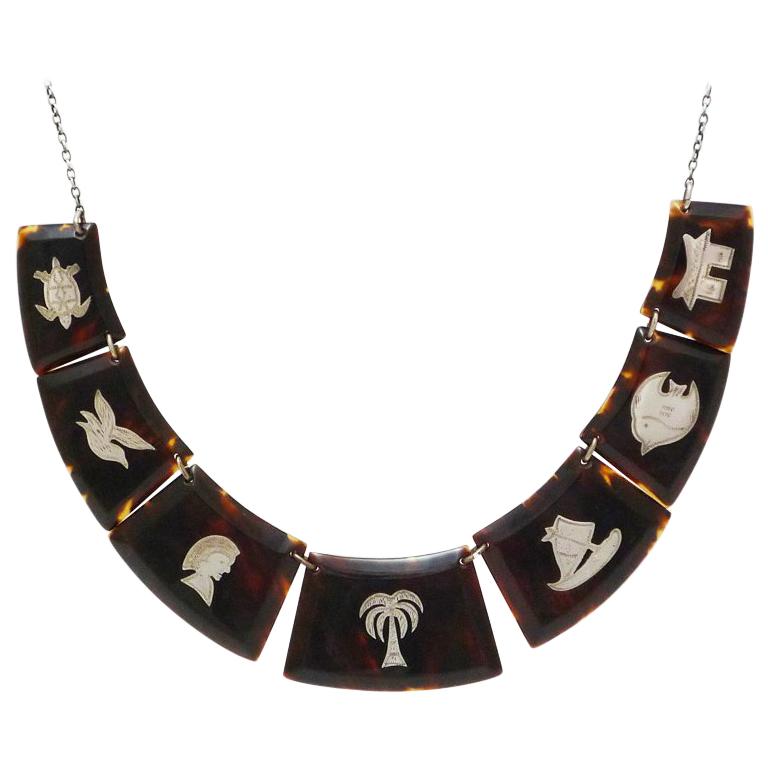Art Deco necklace tortoiseshell with silver inlays For Sale