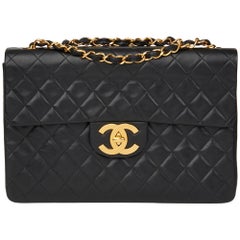 1991 Chanel Sac à rabat Maxi Jumbo XL Vintage en cuir d'agneau matelassé noir