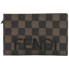 Fendi Vintage Logo Clutch Check Print Embroidered Coated Canvas Medium