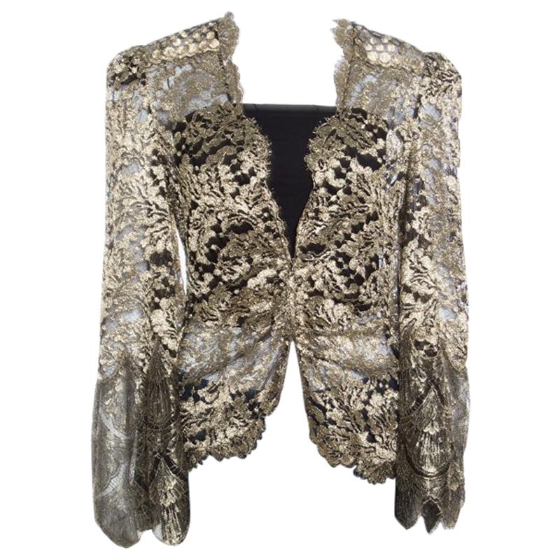 Roberto Cavalli Black and Gold Scalloped Trim Detail Floral Lace Jacket S