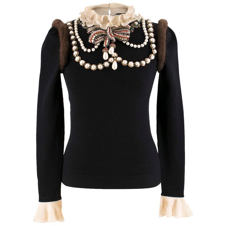 Gucci Embroidered Wool Knit Top with Mink Fur US 0-2 at 1stDibs