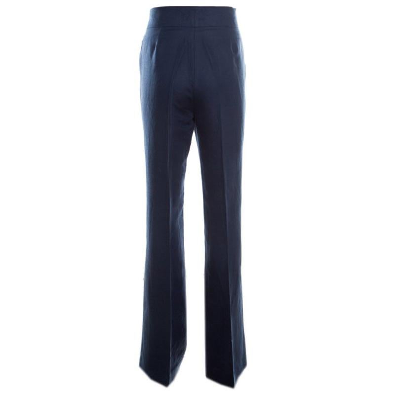 CH Carolina Herrera Navy Blue Linen and Cotton Flared High Waist Trousers M