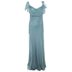 Alberta Ferretti Pale Green Crystal Embellished Flutter Sleeve Silk Evening Gown