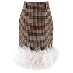 Prada Feather-trimmed Houndstooth Wool Skirt US 0-2