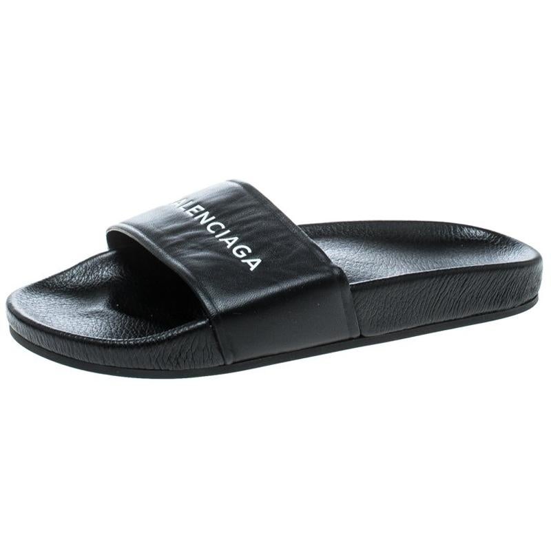 Balenciaga Black Logo Stamped Leather Slide Sandals Size 38 For Sale at ...