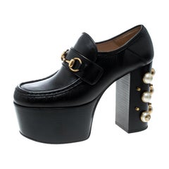 Gucci Black Leather Faux Pearl Embellished Vegas Platform Loafers Pumps Size 38
