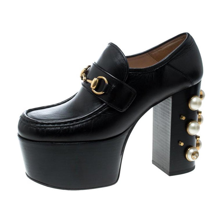 Gucci Black Leather Faux Pearl Embellished Vegas Platform Loafers Pumps ...