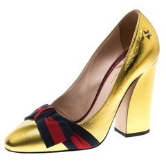 Gucci Metallic Gold Leather Web Bow Detail Pumps Size 37.5