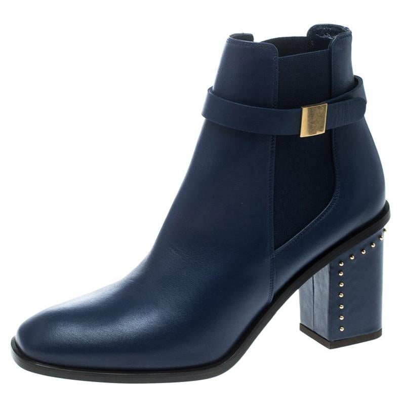 Alexander McQueen Midnight Blue Leather Studded Heel Ankle Boots Size 39