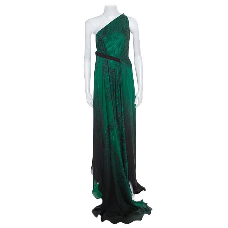 Roberto Cavalli Green and Black Ombre Feather Printed Silk Draped Maxi Dress L