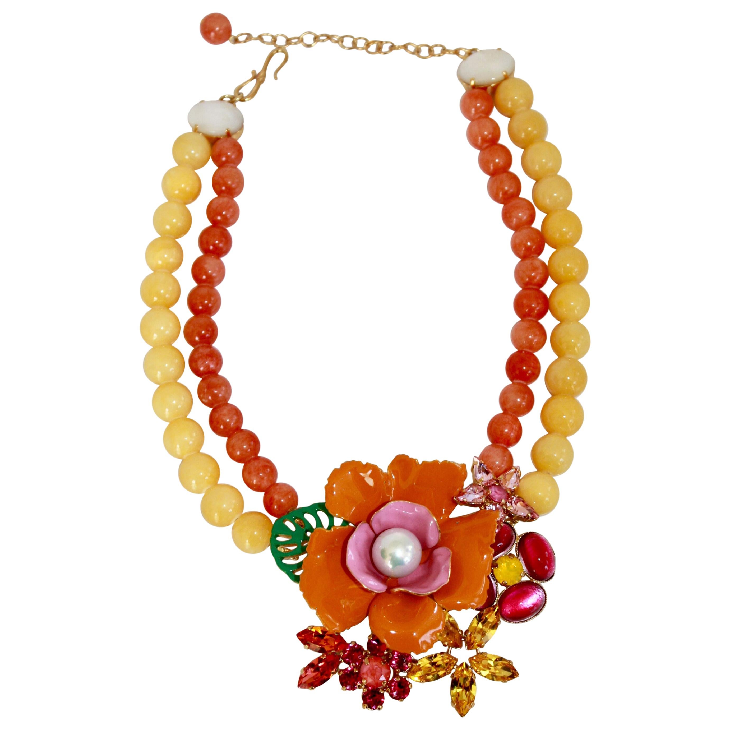 Philippe Ferrandis Orange and Yellow Floral Choker Necklace