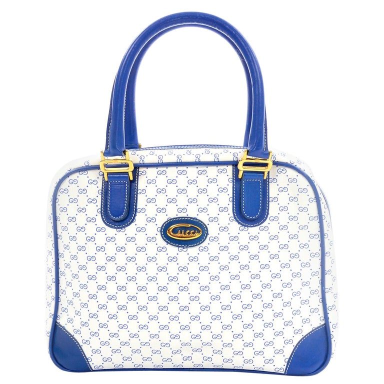 Vintage Gucci Handbag Monogram Boston Bag In Bright Blue White W Script Logo Vintage Gucci Handbag Monogram Boston Bag In Bright Blue White W Script Logo