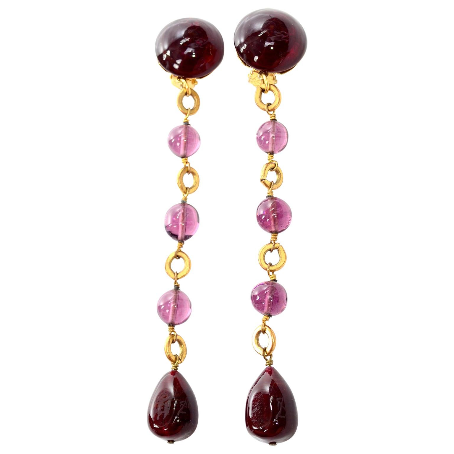 Vintage Chanel Gripoix Purple Drop Gold Earrings Victoire de Castellane 