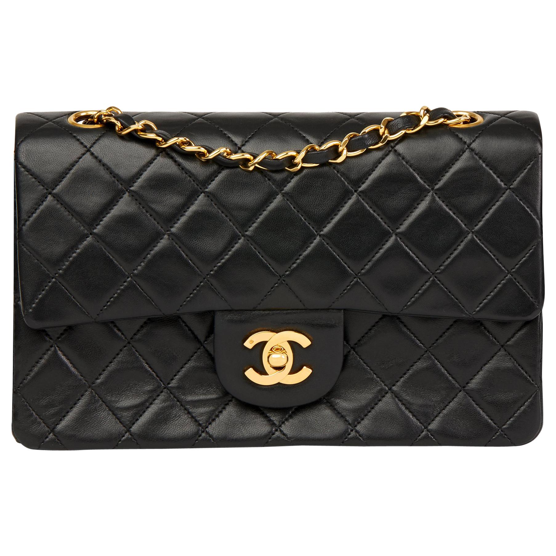 1990 Chanel Black Quilted Lambskin Vintage Small Classic Double Flap Bag
