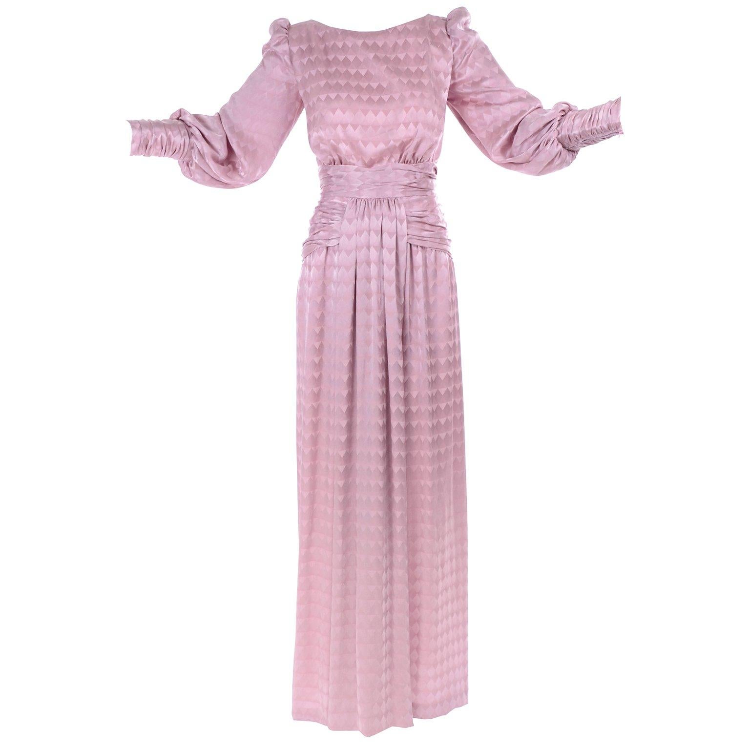 1970s Vintage Estevez Evening Dress in Pink Diamond Tonal Pattern w Ruching