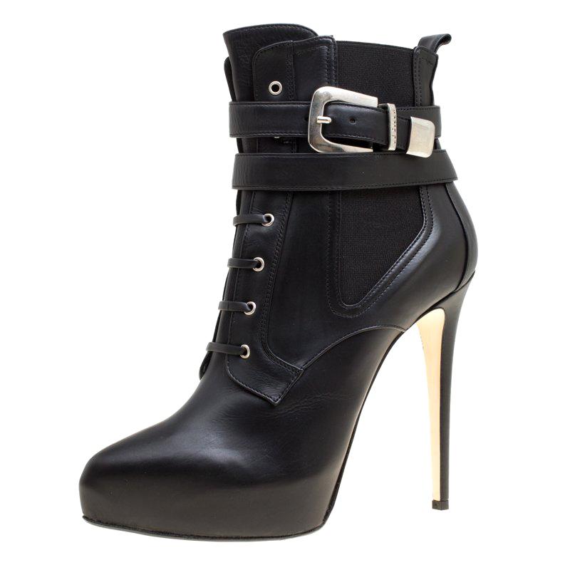Enio Silla For Le Silla Black Leather Platform Ankle Boots Size 40
