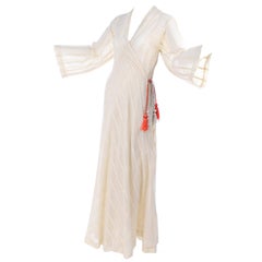 1970s Phyllis Sues Retro Cream Dot Embroidered Cotton Wrap Dress W Tassels