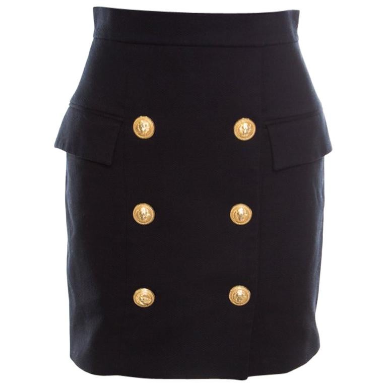 Balmain Black Textured Cotton Gold Button Detail High Waist Mini Skirt S  For Sale at 1stDibs