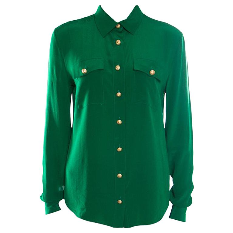 Balmain Green Silk Gold Button Detail Long Sleeve Classic Shirt M