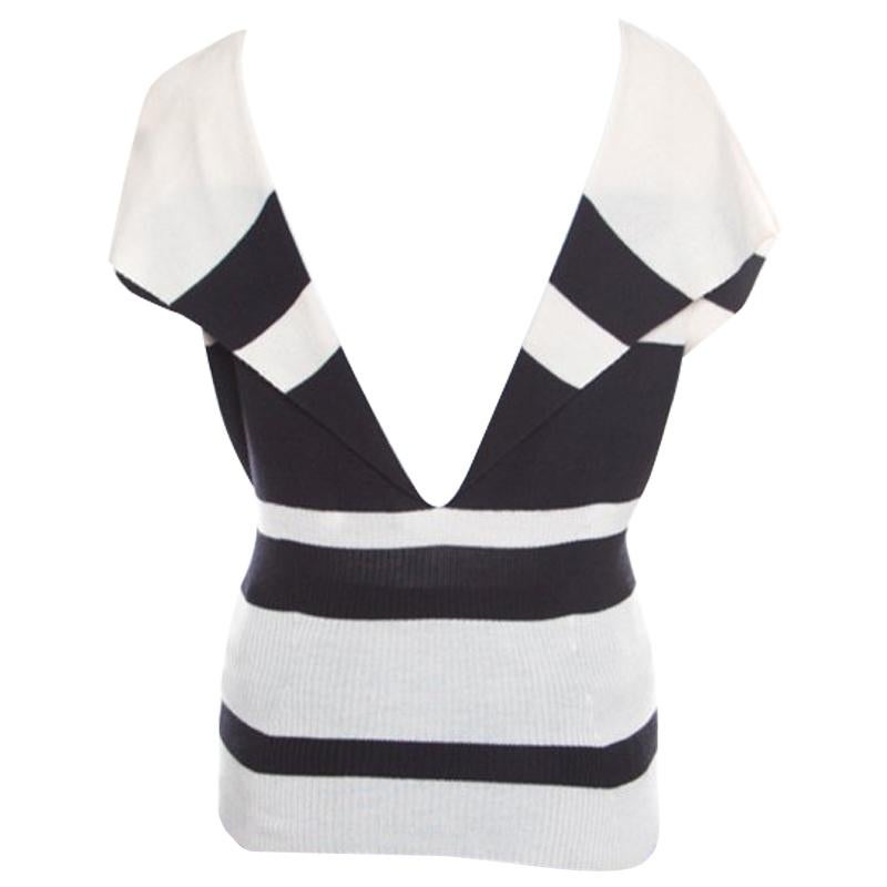 Christian Dior Monochrome Striped Slit Back Detail Tapered Waist Sweater Top M