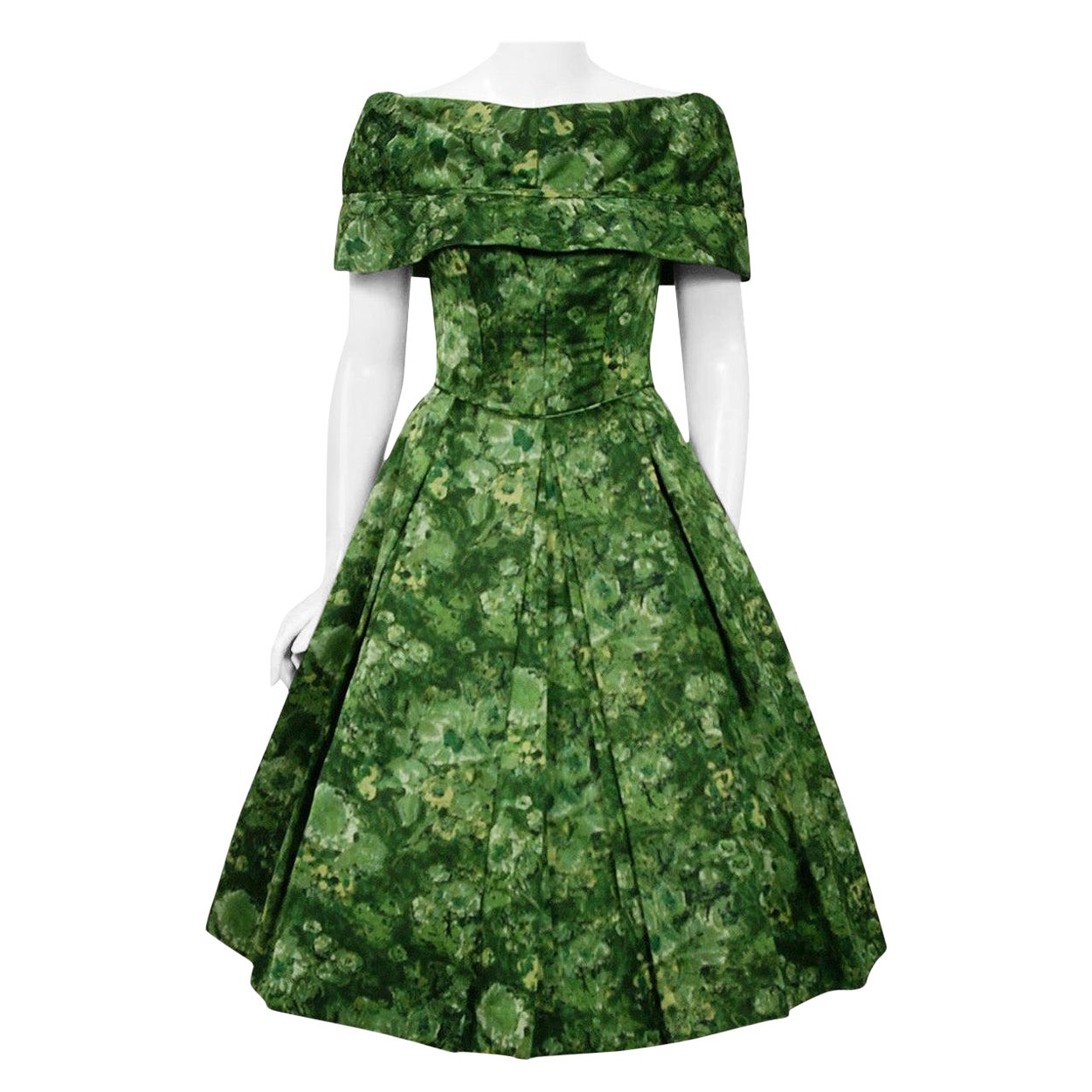 Vintage 1950's Peggy Hunt Green Floral Silk Portrait-Collar Pleated Full Dress 