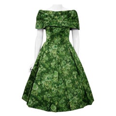 Vintage 1950's Peggy Hunt Green Floral Silk Portrait-Collar Pleated Full Dress 