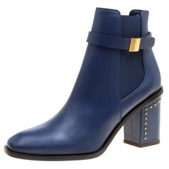 Alexander McQueen Midnight Blue Leather Studded Heel Ankle Boots Size 38