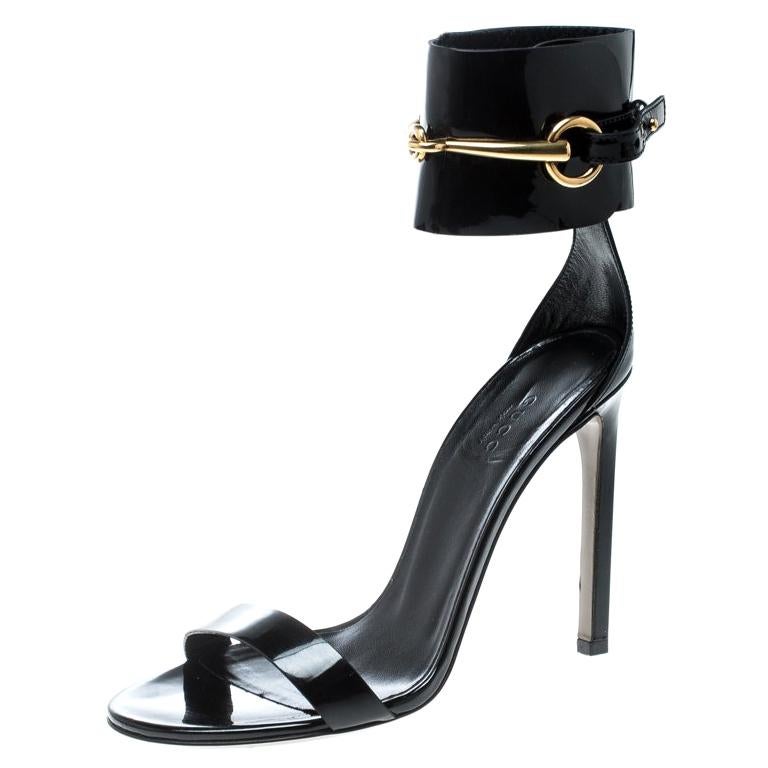 Gucci Black Patent Leather Horsebit Ankle Strap Sandals Size 37 For ...