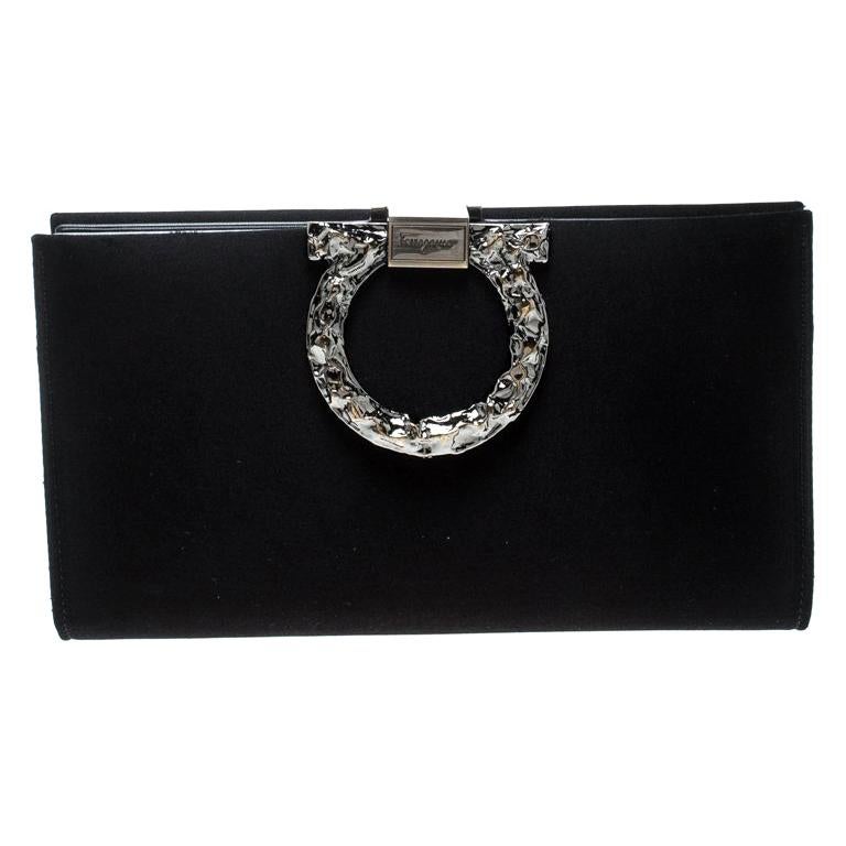 Salvatore Ferragamo Black Satin Gancini Clutch