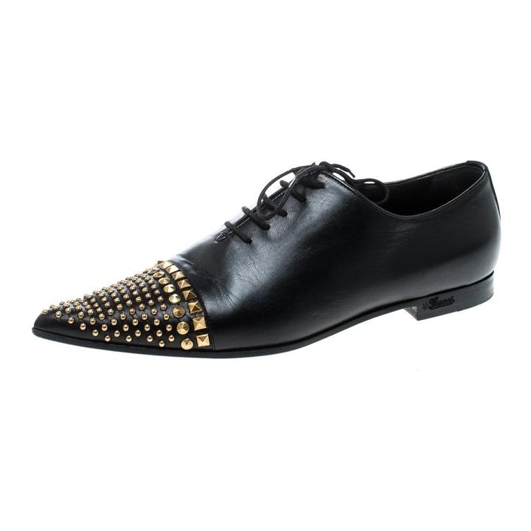Gucci Black Leather Studded Pointed Toe Loafers Size 37 at 1stDibs
