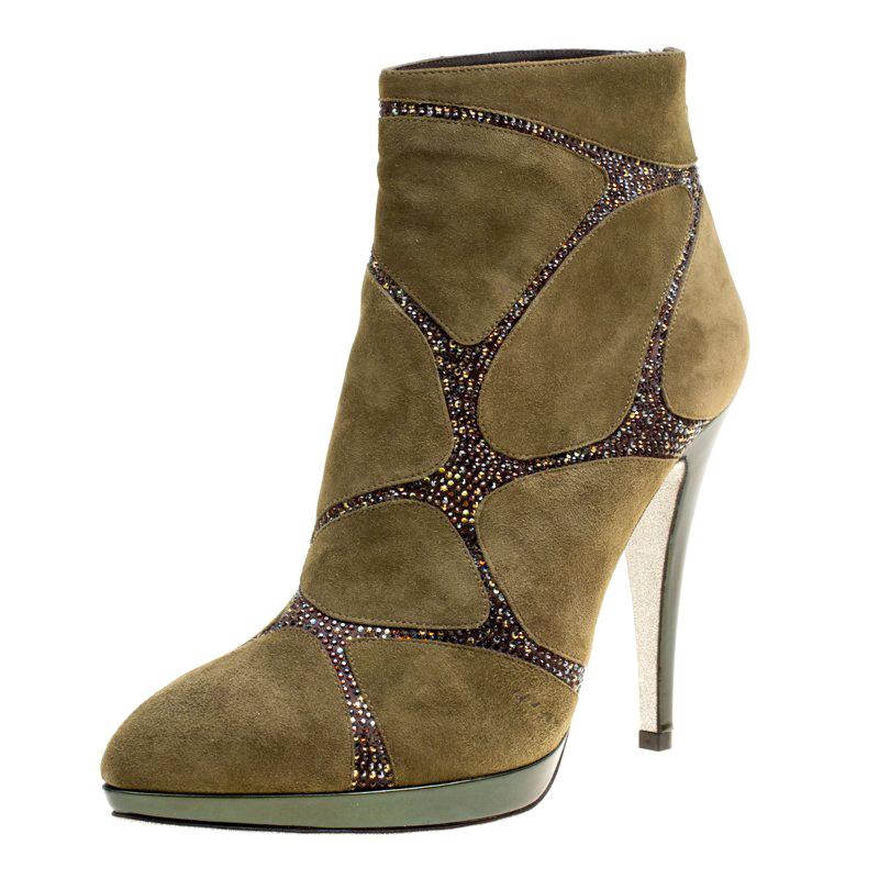 René Caovilla Khaki Green Suede Crystal Embellished Boots Size 39