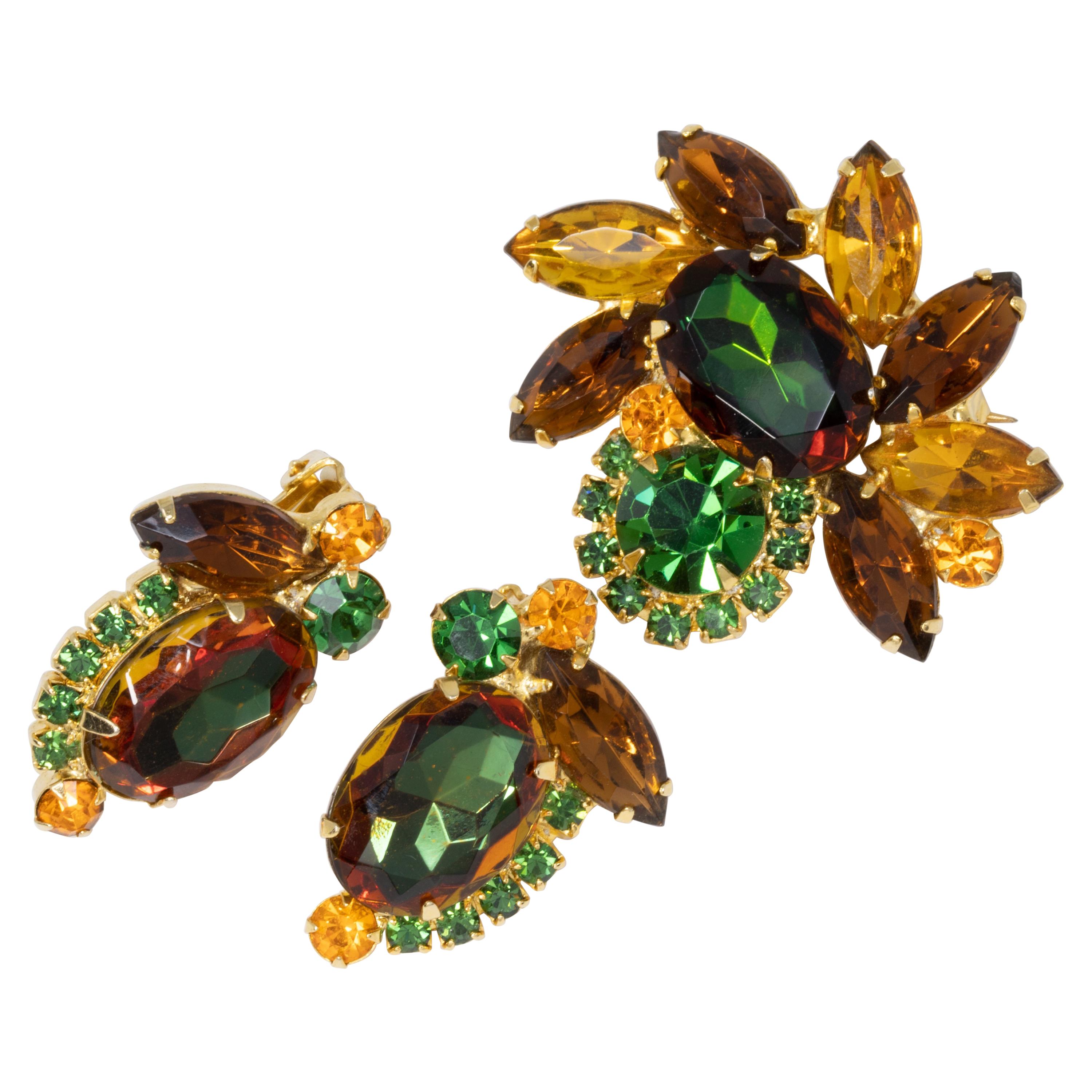 Juliana DeLizza & Elster Watermelon Crystal Brooch and Clip On Earrings For Sale