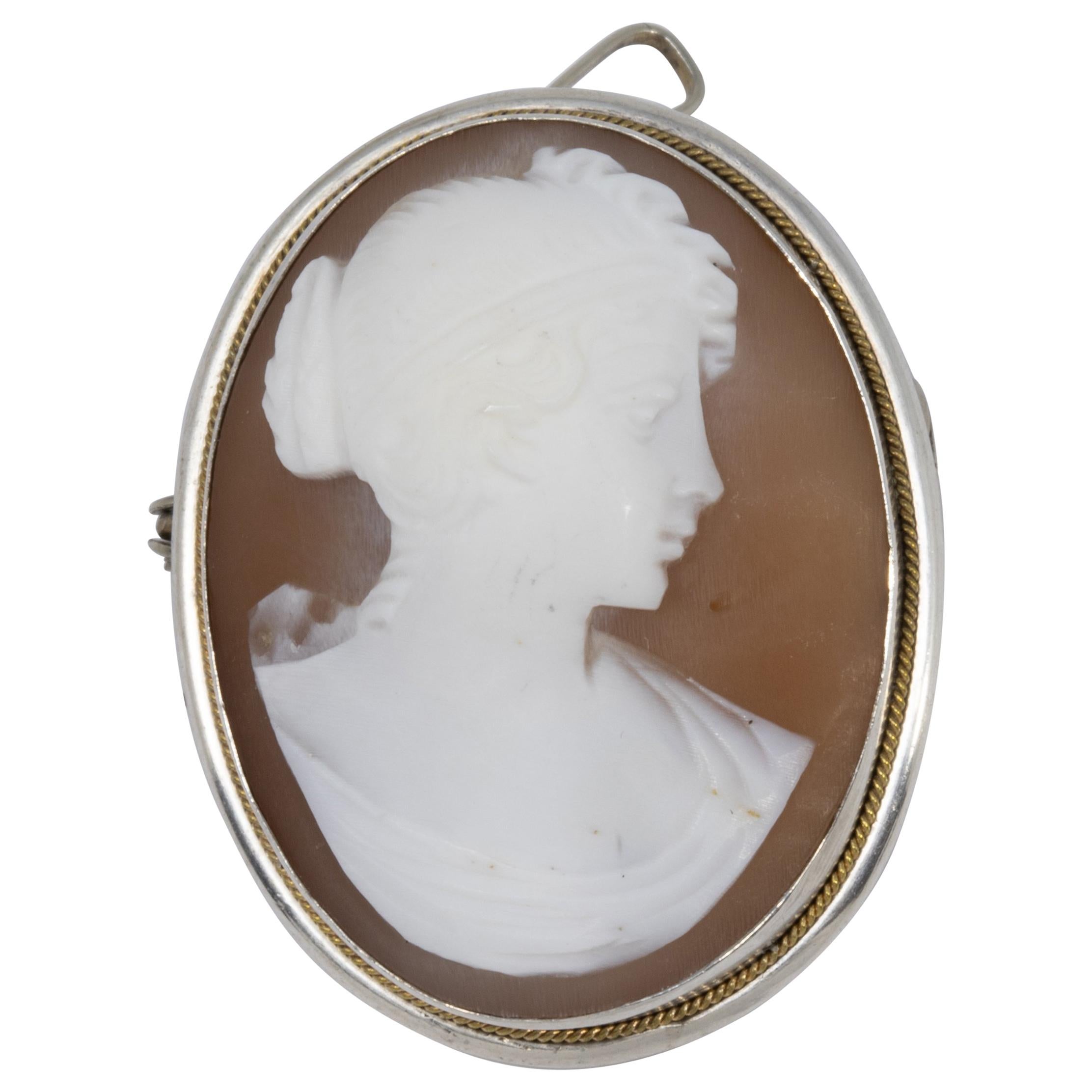 Antique Shell White and Cinnamon Cameo in Silver Bezel, Brooch Pin and Pendant