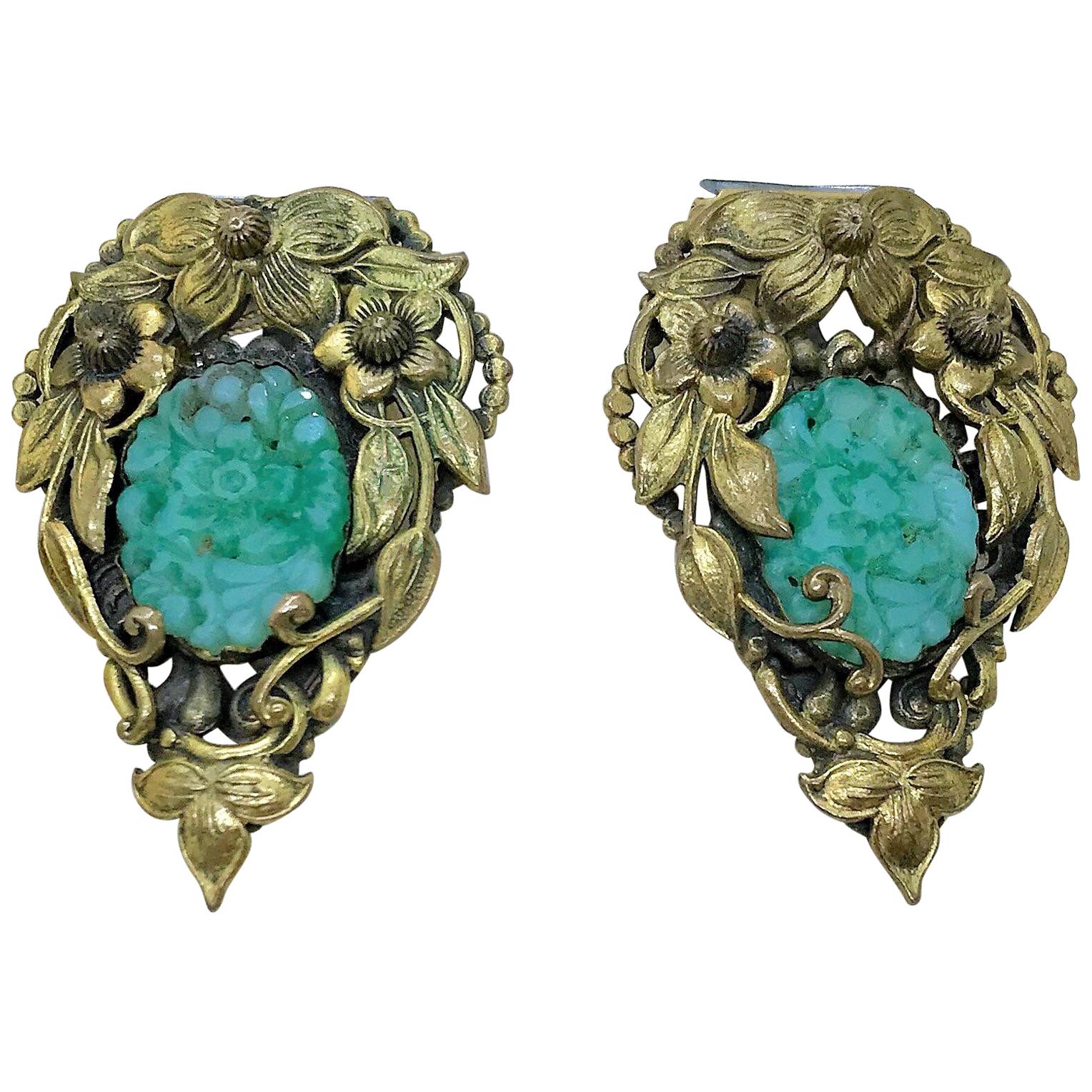 Circa 1930 Goldtone Floral Dress Clips Set With Molded Jade Green Glass, Pair For Sale