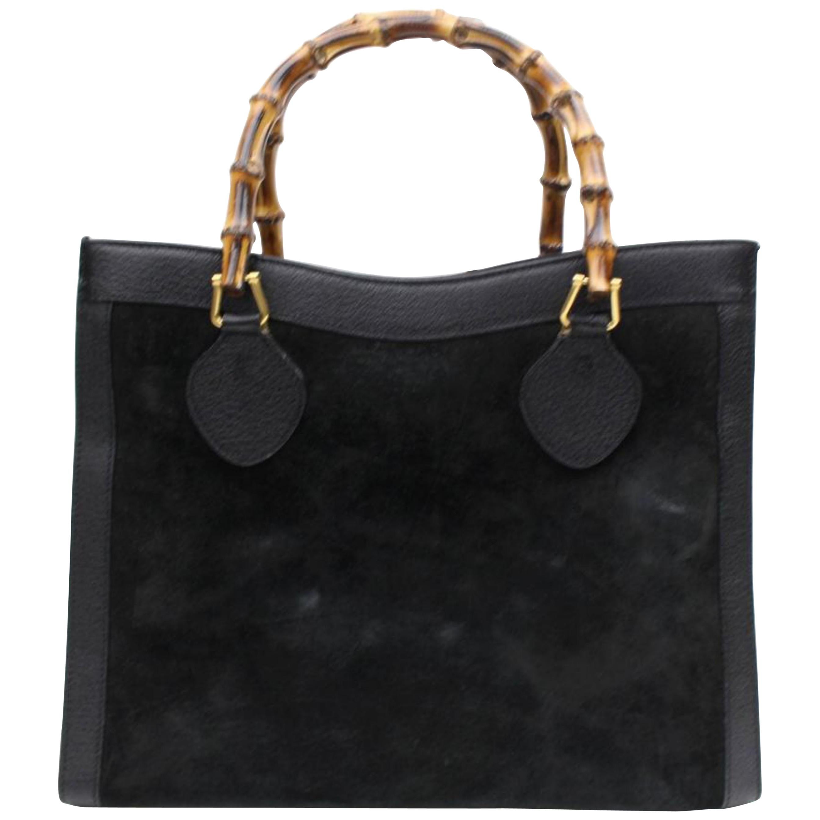Gucci Large Bamboo 868681 Black Suede Leather Tote For Sale
