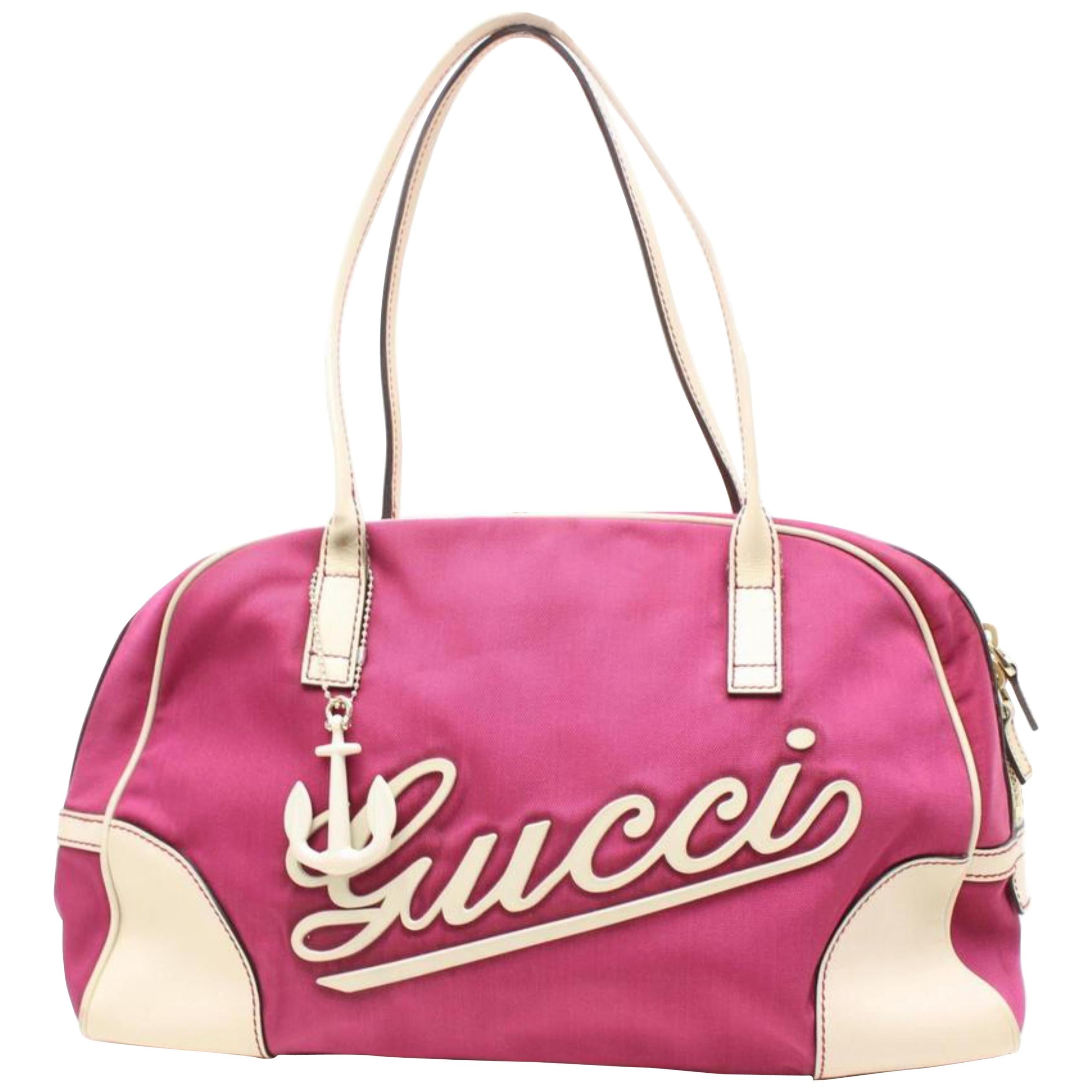 Gucci Boston Script Lasso Anchor Charm Bowler Duffle 868419 Pink Canvas Weekend/ For Sale