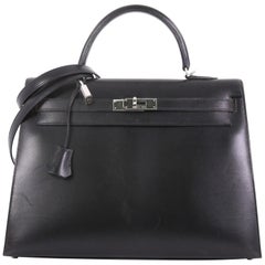 Hermes Kelly Handbag Noir Box Calf with Palladium Hardware 35