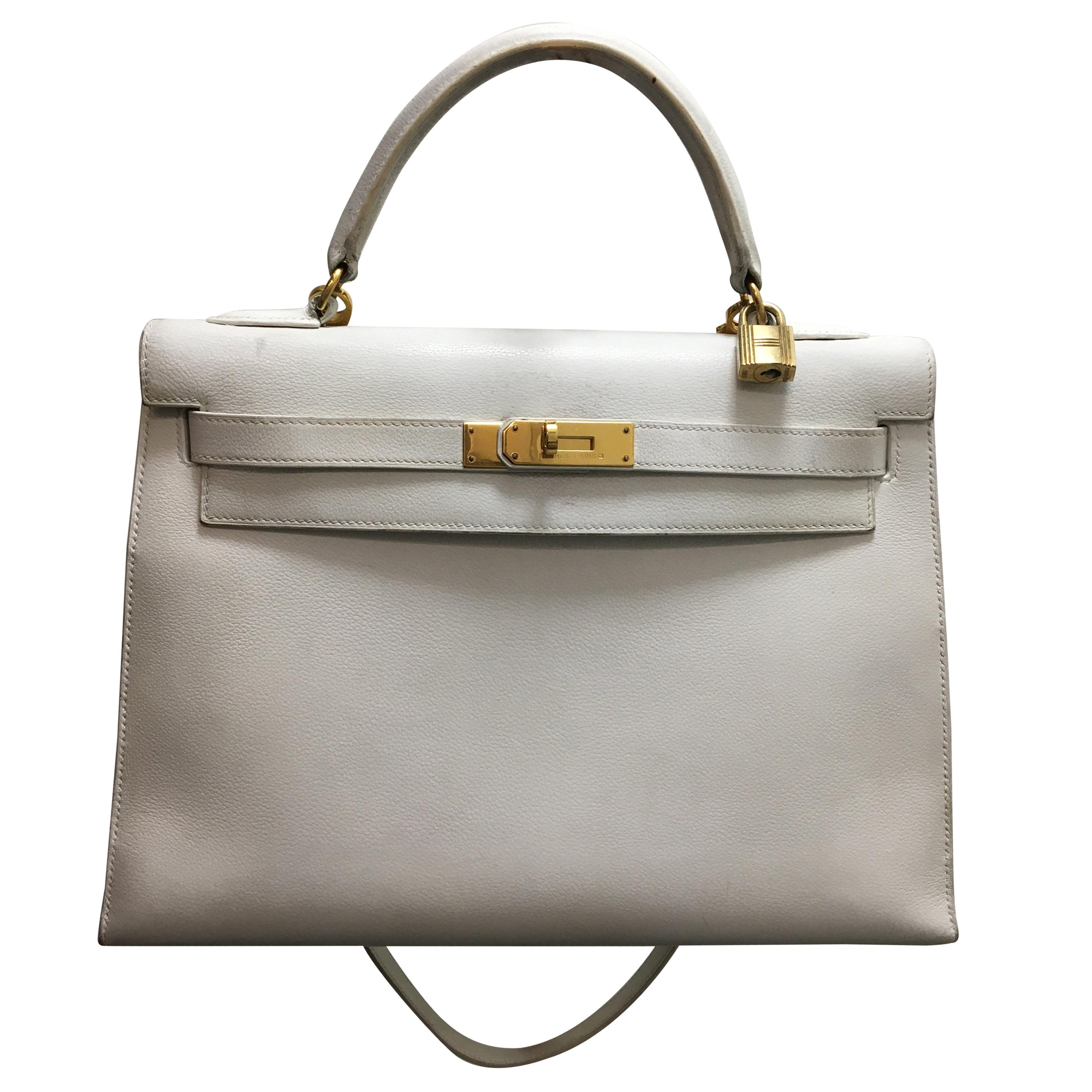 Vintage Hermes Kelly 32 White Leather Bag