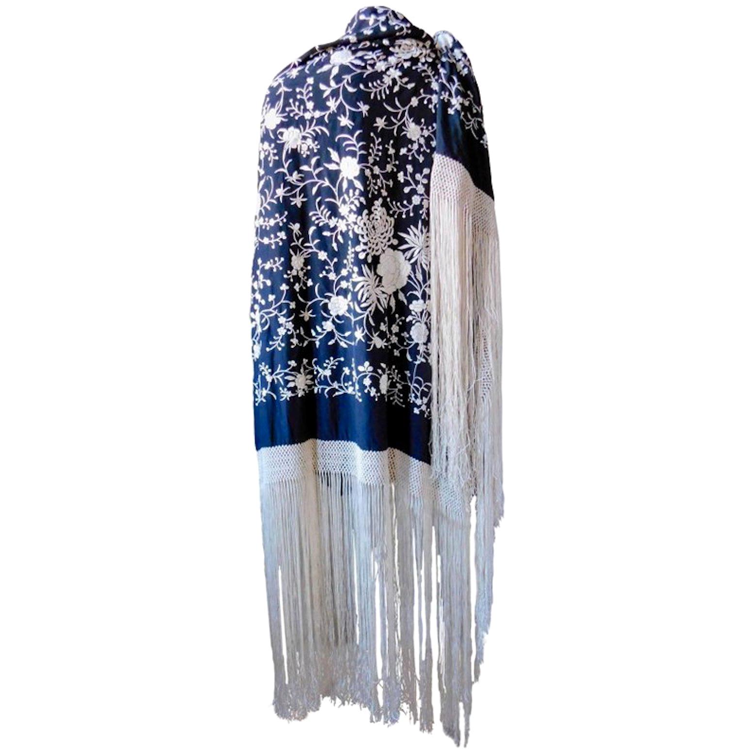 Black and White Cantonese Silk Embroidered Shawl with Long Fringe circa 1920 For Sale